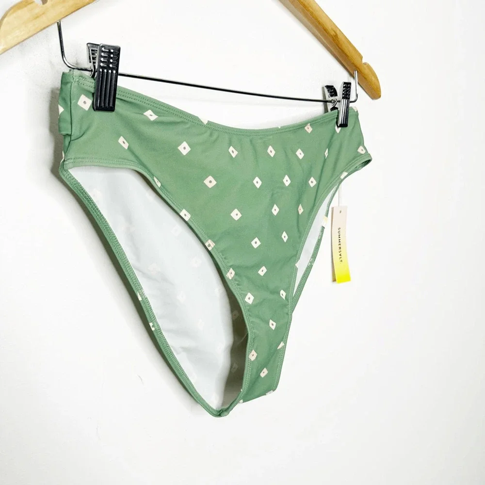SUMMERSALT The Tie Belt High Leg Mid Rise Bottom Green Diamond Dot size 6 NWT